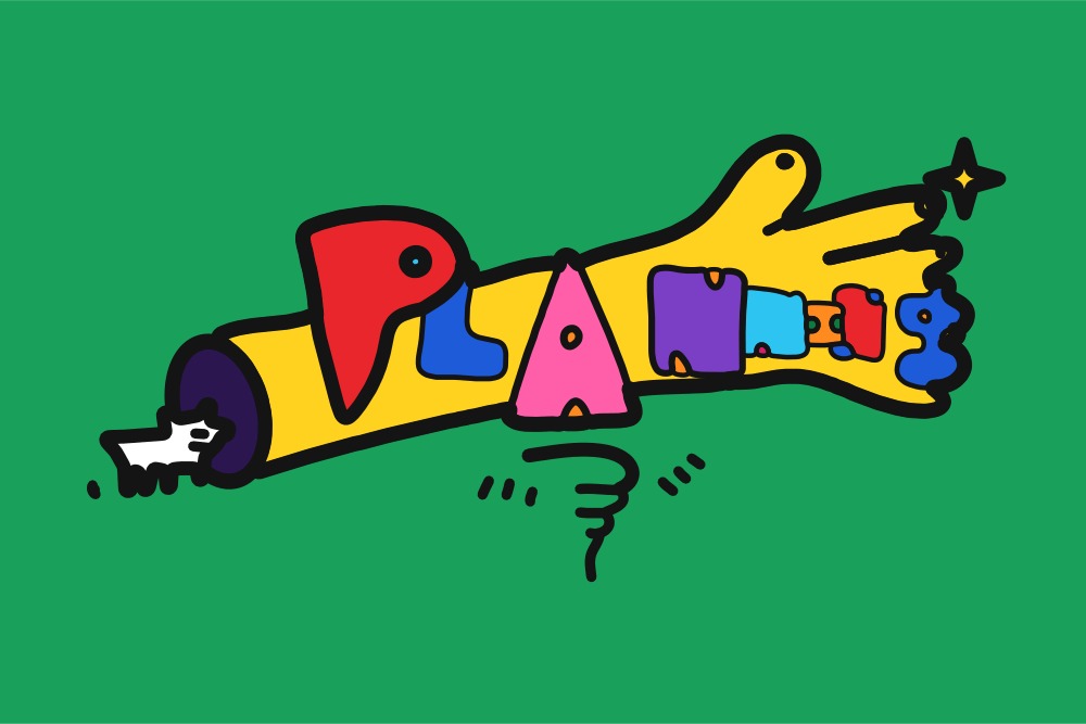 緑の背景に、筒から伸びる手とPLANNINGの文字