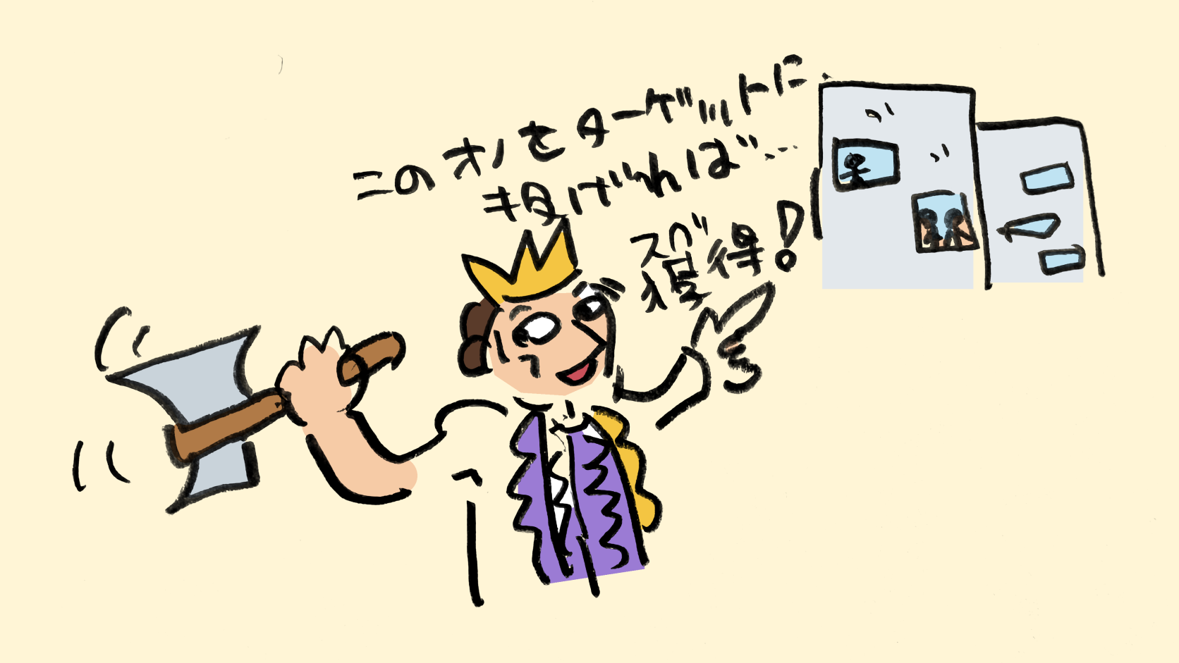 王さまがビルに向かってオノを投げようとし「このオノをターゲットに投げれば…スゴ獲得！」と言う手描きの絵
