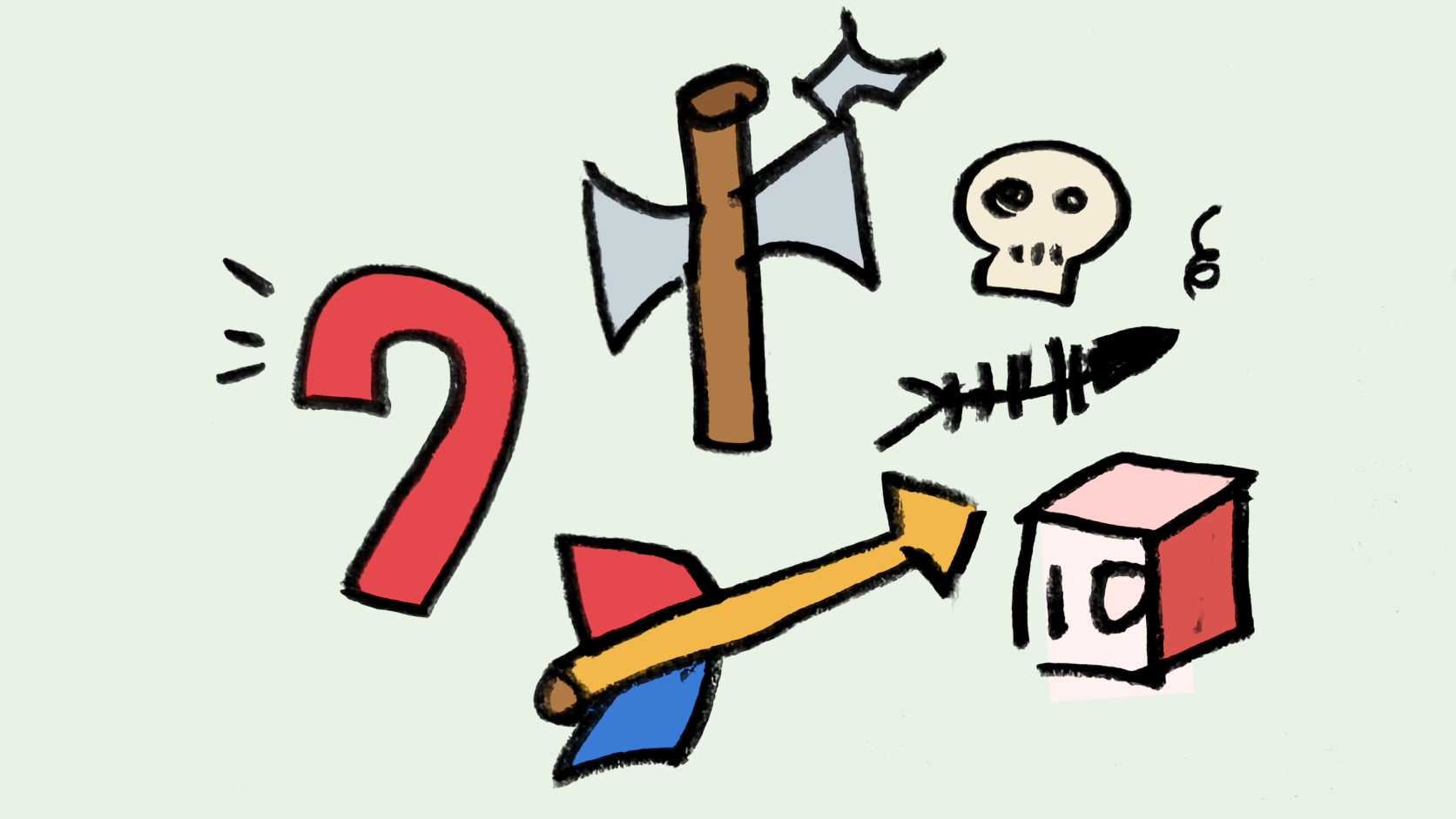 バール・オノ・どくろ・魚の骨・矢・119 の箱を並べた手描きの絵