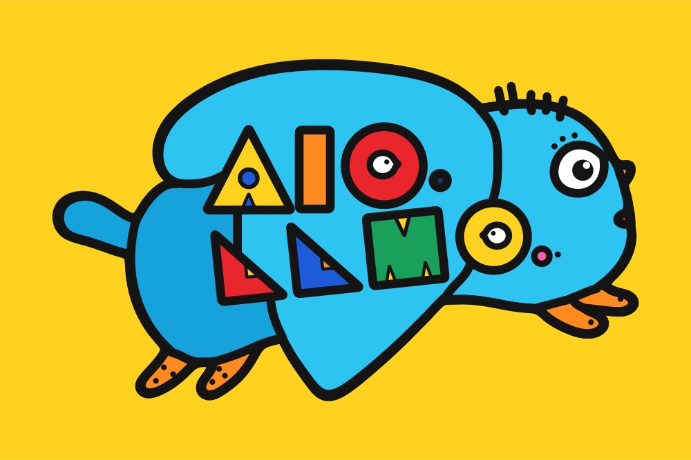 黄色い背景に、AIO・LLMOの文字を組み込んだ水色のキャラクター